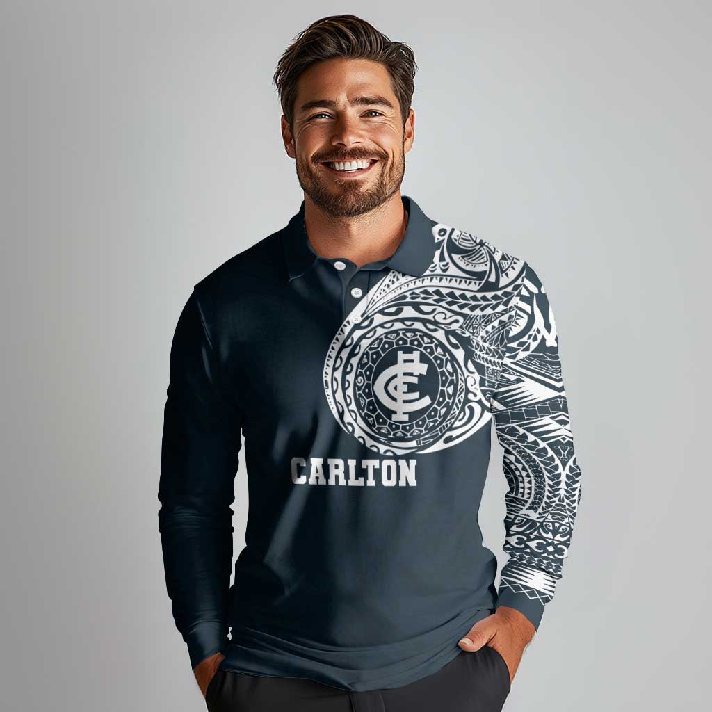 Personalized Carlton Blues Polynesian Long Sleeve Polo Shirt Tribal Chest and Sleeve Tattoo Heritage Warrior