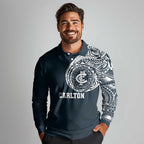 Personalized Carlton Blues Polynesian Long Sleeve Polo Shirt Tribal Chest and Sleeve Tattoo Heritage Warrior