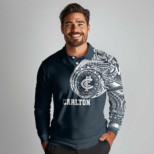 Personalized Carlton Blues Polynesian Long Sleeve Polo Shirt Tribal Chest and Sleeve Tattoo Heritage Warrior