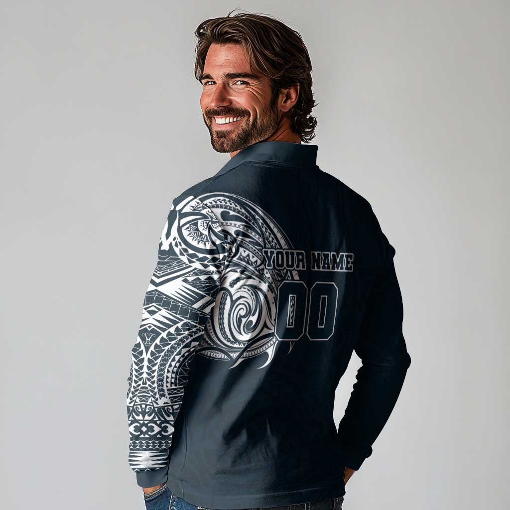 Personalized Carlton Blues Polynesian Long Sleeve Polo Shirt Tribal Chest and Sleeve Tattoo Heritage Warrior