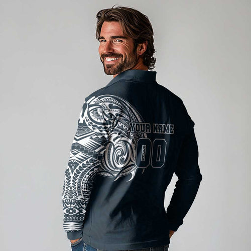 Personalized Carlton Blues Polynesian Long Sleeve Polo Shirt Tribal Chest and Sleeve Tattoo Heritage Warrior
