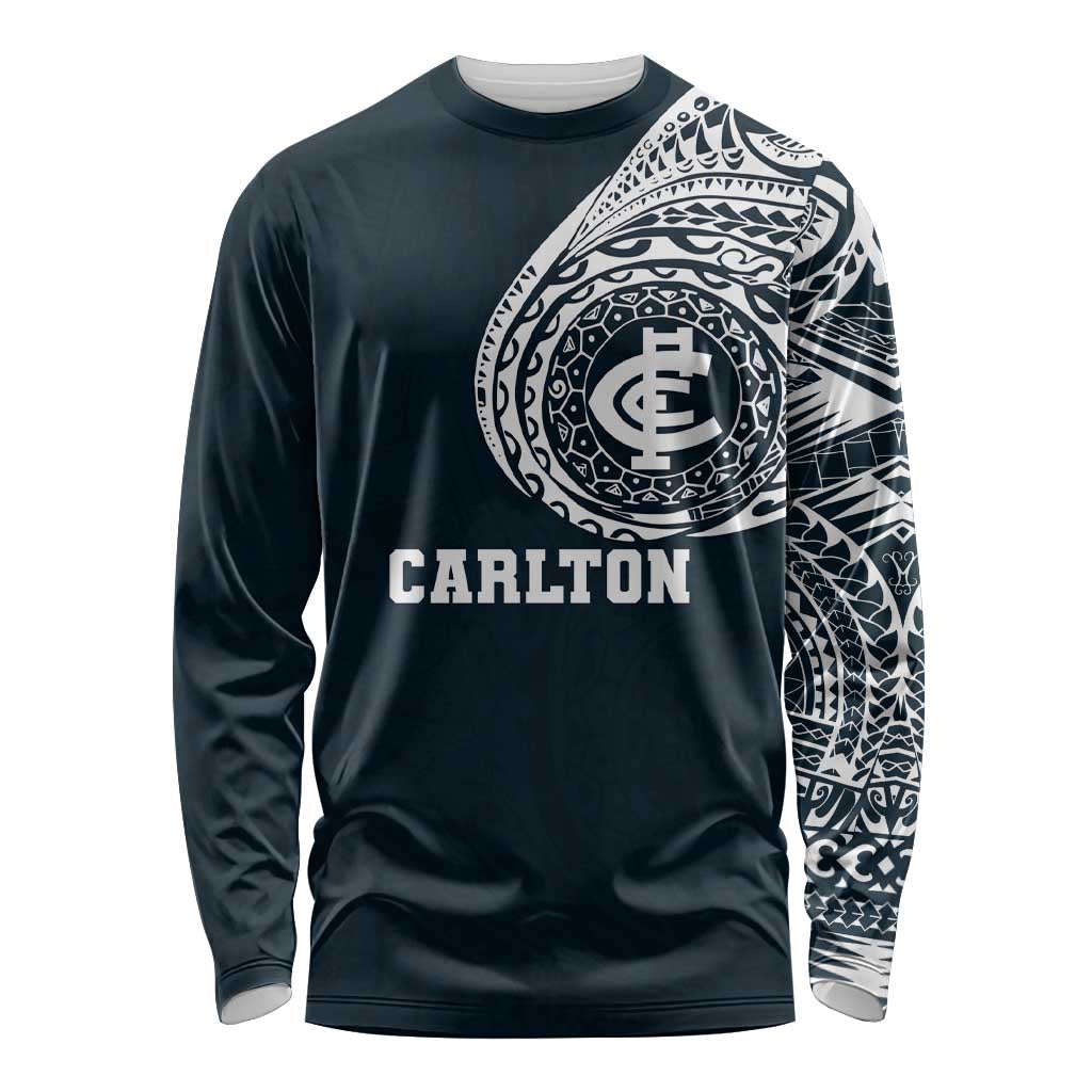 Personalized Carlton Blues Polynesian Long Sleeve Shirt Tribal Chest and Sleeve Tattoo Heritage Warrior