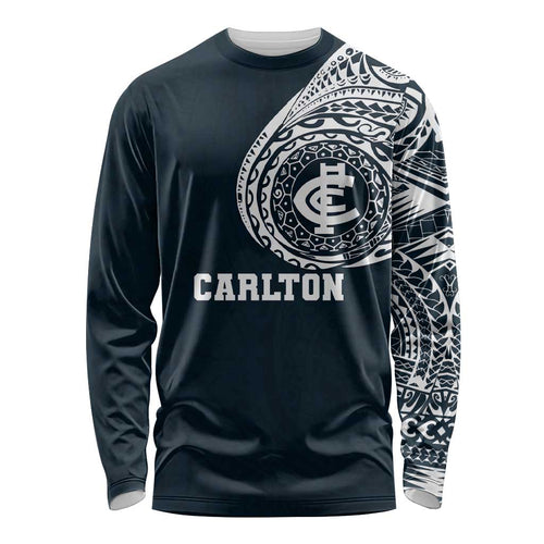 Personalized Carlton Blues Polynesian Long Sleeve Shirt Tribal Chest and Sleeve Tattoo Heritage Warrior