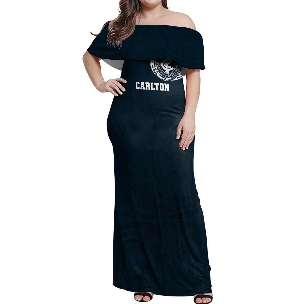 Personalized Carlton Blues Polynesian Off Shoulder Maxi Dress Tribal Chest and Sleeve Tattoo Heritage Warrior