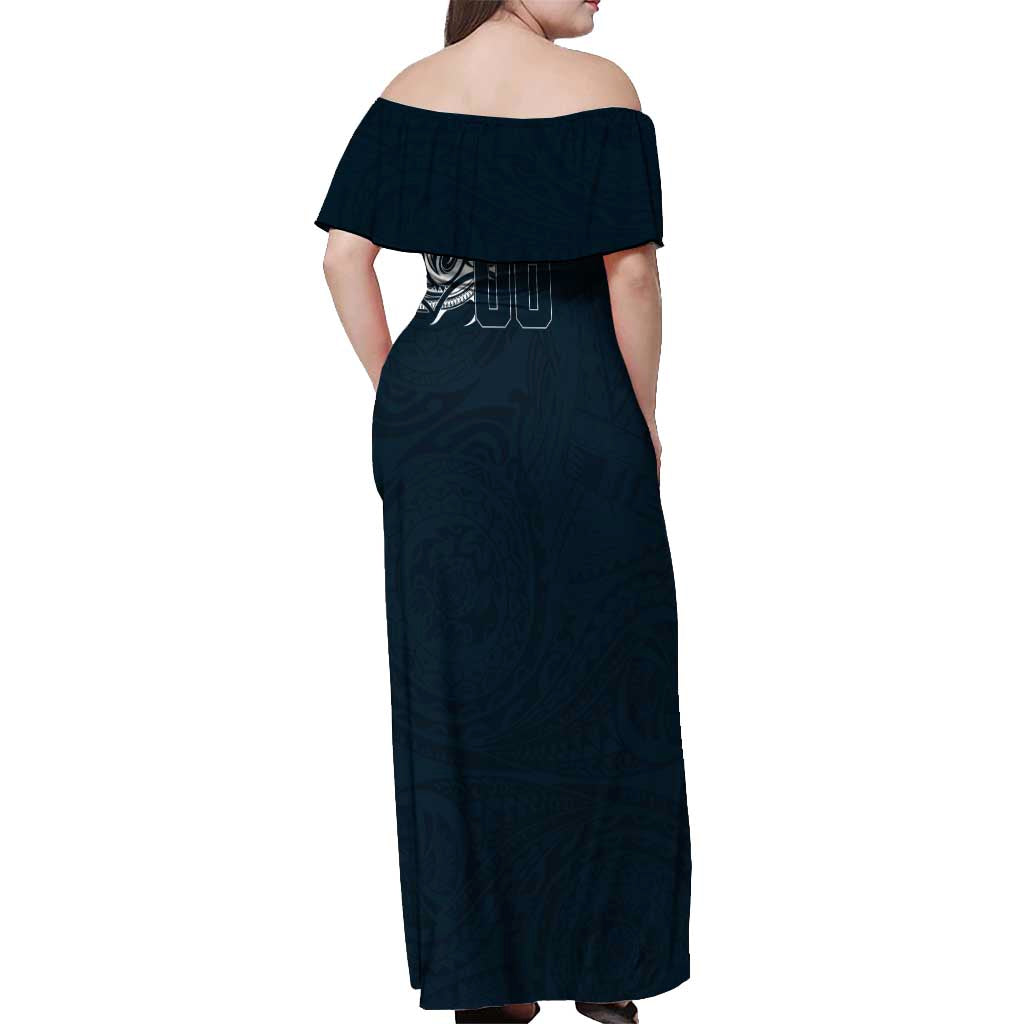 Personalized Carlton Blues Polynesian Off Shoulder Maxi Dress Tribal Chest and Sleeve Tattoo Heritage Warrior