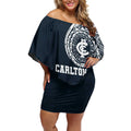 Personalized Carlton Blues Polynesian Off Shoulder Short Dress Tribal Chest and Sleeve Tattoo Heritage Warrior