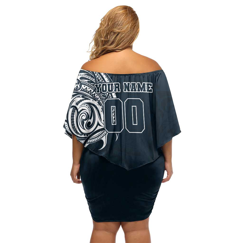 Personalized Carlton Blues Polynesian Off Shoulder Short Dress Tribal Chest and Sleeve Tattoo Heritage Warrior