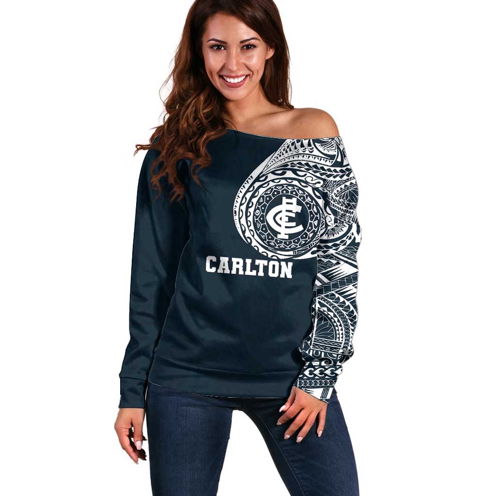 Personalized Carlton Blues Polynesian Off Shoulder Sweater Tribal Chest and Sleeve Tattoo Heritage Warrior