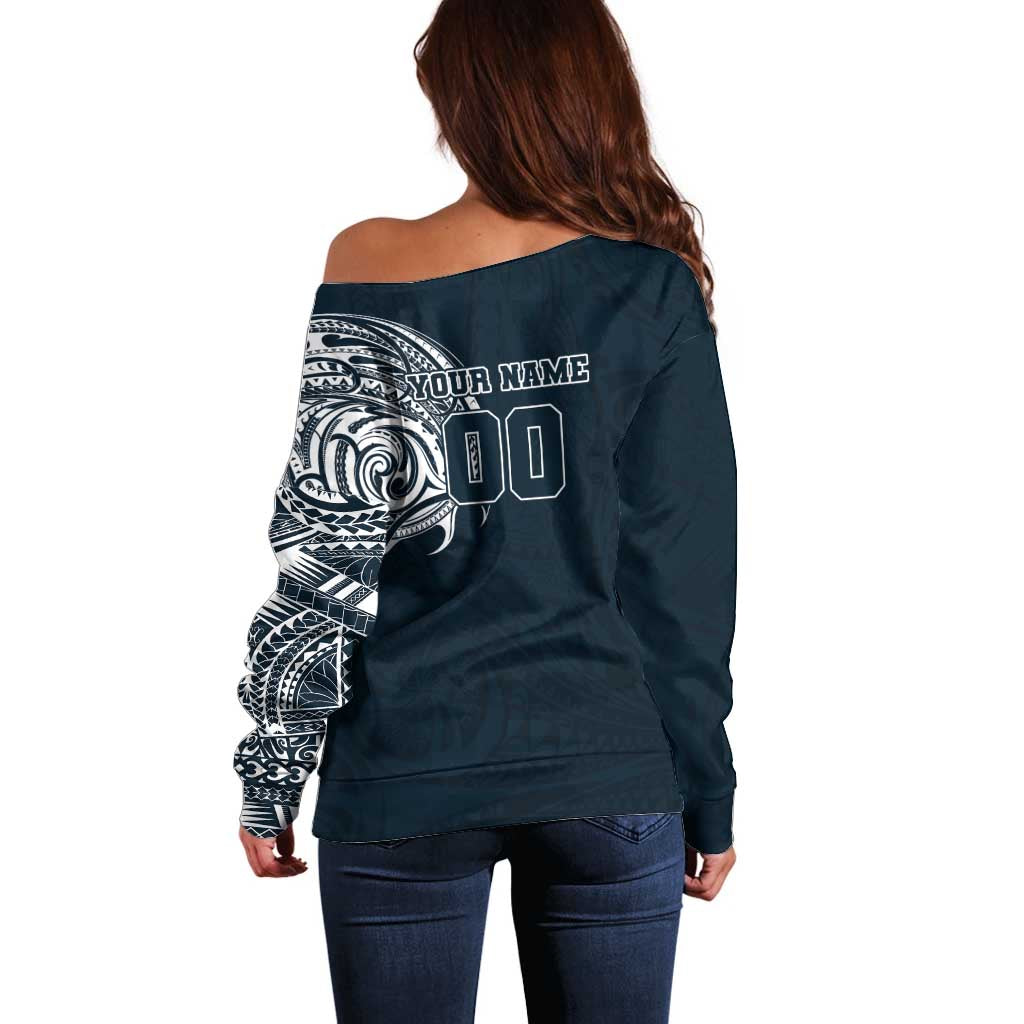 Personalized Carlton Blues Polynesian Off Shoulder Sweater Tribal Chest and Sleeve Tattoo Heritage Warrior