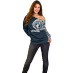 Personalized Carlton Blues Polynesian Off Shoulder Sweater Tribal Chest and Sleeve Tattoo Heritage Warrior