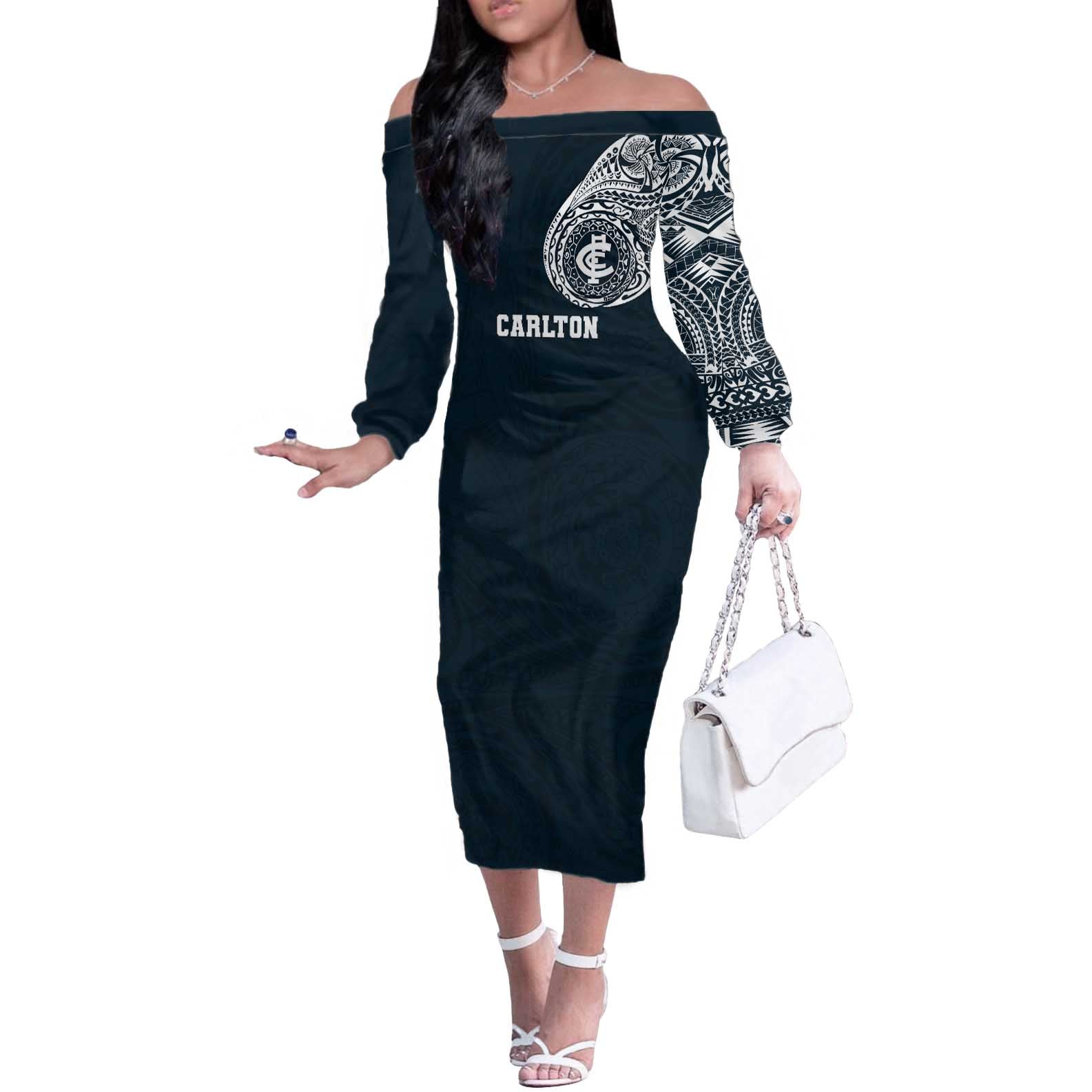 Personalized Carlton Blues Polynesian Off The Shoulder Long Sleeve Dress Tribal Chest and Sleeve Tattoo Heritage Warrior