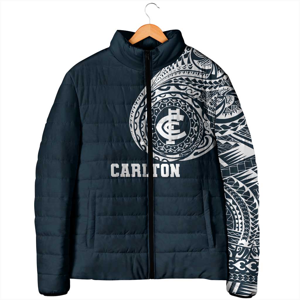 Personalized Carlton Blues Polynesian Padded Jacket Tribal Chest and Sleeve Tattoo Heritage Warrior