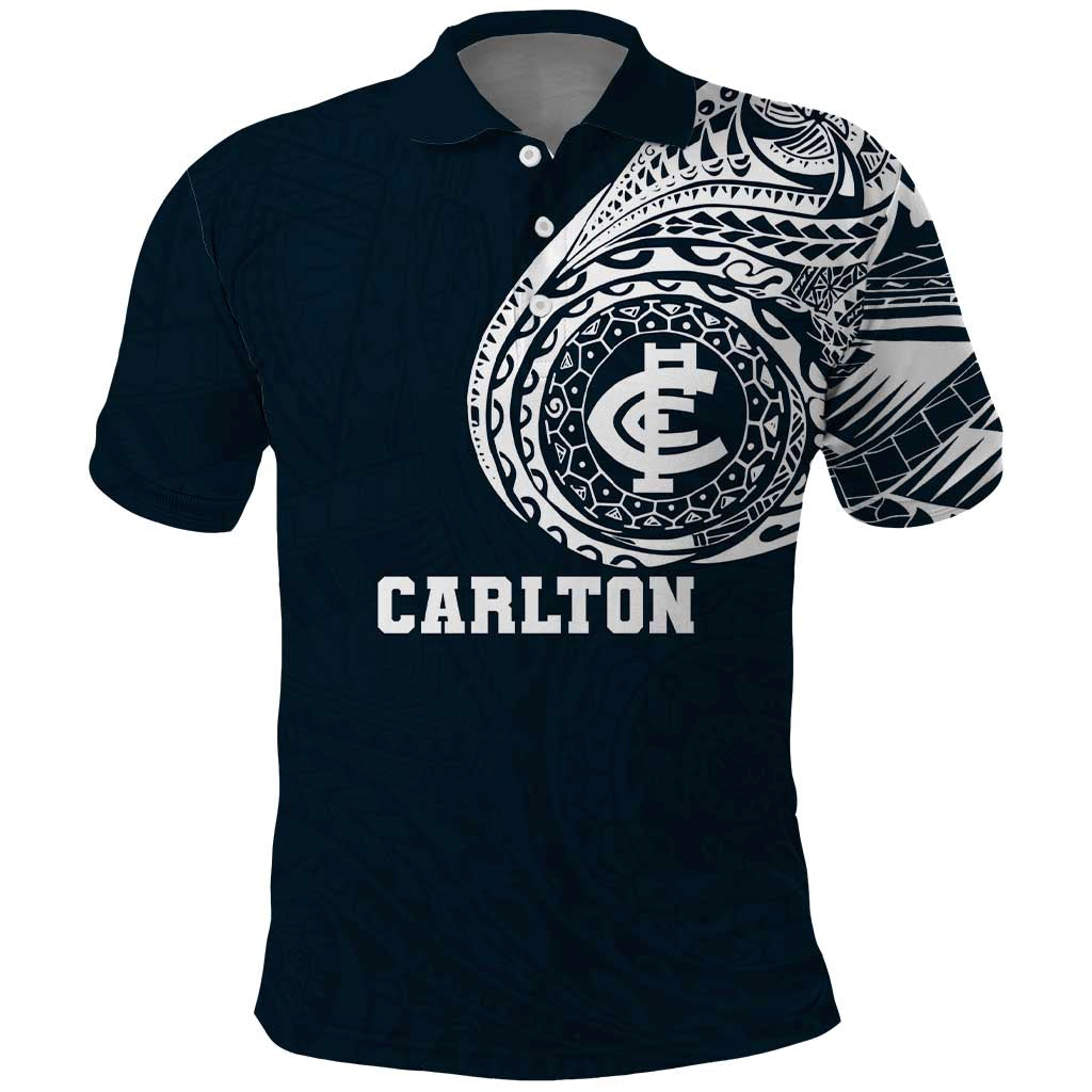 Personalized Carlton Blues Polynesian Polo Shirt Tribal Chest and Sleeve Tattoo Heritage Warrior