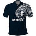 Personalized Carlton Blues Polynesian Polo Shirt Tribal Chest and Sleeve Tattoo Heritage Warrior