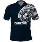 Personalized Carlton Blues Polynesian Polo Shirt Tribal Chest and Sleeve Tattoo Heritage Warrior