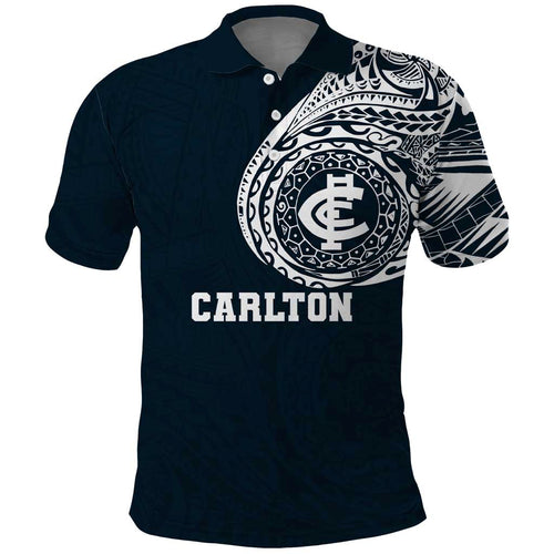 Personalized Carlton Blues Polynesian Polo Shirt Tribal Chest and Sleeve Tattoo Heritage Warrior