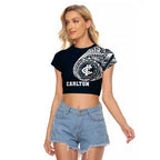 Personalized Carlton Blues Polynesian Raglan Cropped T Shirt Tribal Chest and Sleeve Tattoo Heritage Warrior