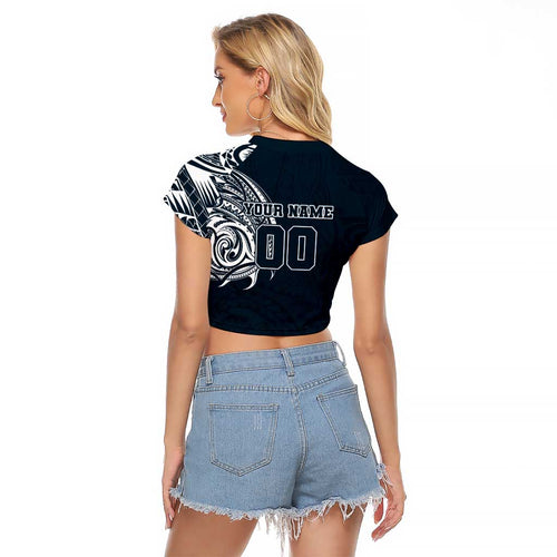 Personalized Carlton Blues Polynesian Raglan Cropped T Shirt Tribal Chest and Sleeve Tattoo Heritage Warrior