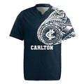 Personalized Carlton Blues Polynesian Rugby Jersey Tribal Chest and Sleeve Tattoo Heritage Warrior