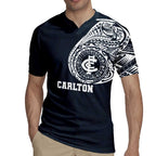 Personalized Carlton Blues Polynesian Rugby Jersey Tribal Chest and Sleeve Tattoo Heritage Warrior