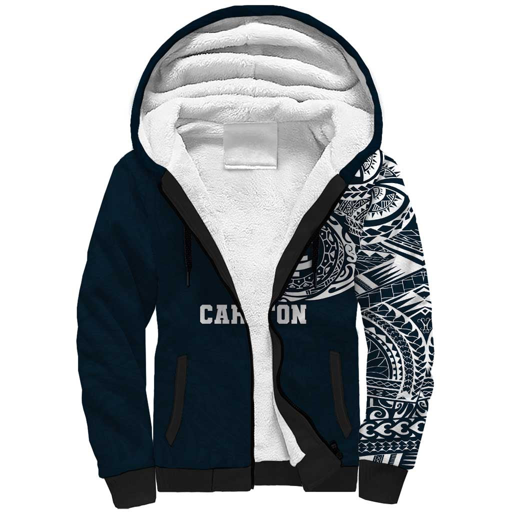 Personalized Carlton Blues Polynesian Sherpa Hoodie Tribal Chest and Sleeve Tattoo Heritage Warrior