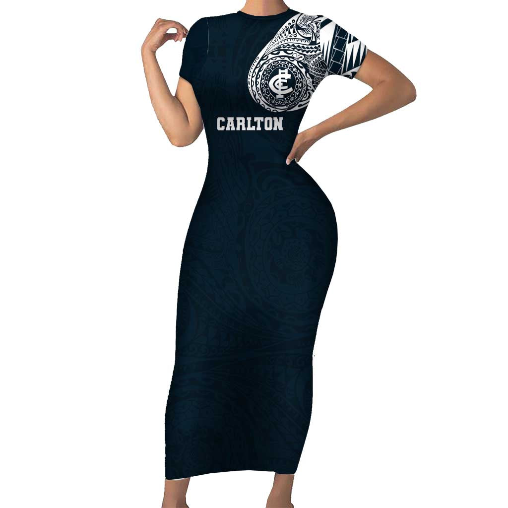 Personalized Carlton Blues Polynesian Short Sleeve Bodycon Dress Tribal Chest and Sleeve Tattoo Heritage Warrior