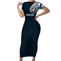 Personalized Carlton Blues Polynesian Short Sleeve Bodycon Dress Tribal Chest and Sleeve Tattoo Heritage Warrior