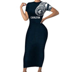 Personalized Carlton Blues Polynesian Short Sleeve Bodycon Dress Tribal Chest and Sleeve Tattoo Heritage Warrior