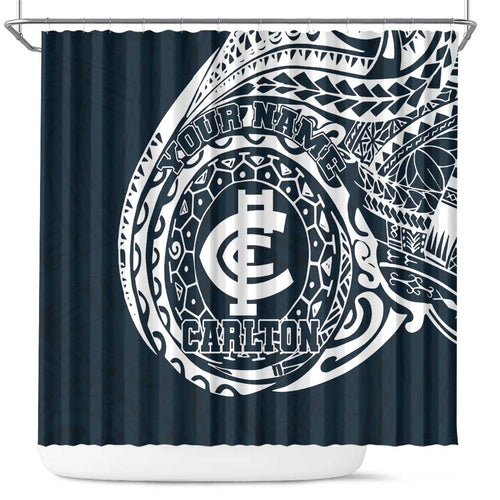 Personalized Carlton Blues Polynesian Shower Curtain Tribal Chest and Sleeve Tattoo Heritage Warrior