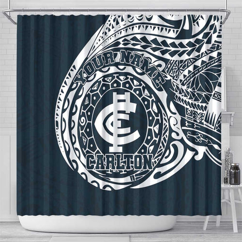 Personalized Carlton Blues Polynesian Shower Curtain Tribal Chest and Sleeve Tattoo Heritage Warrior