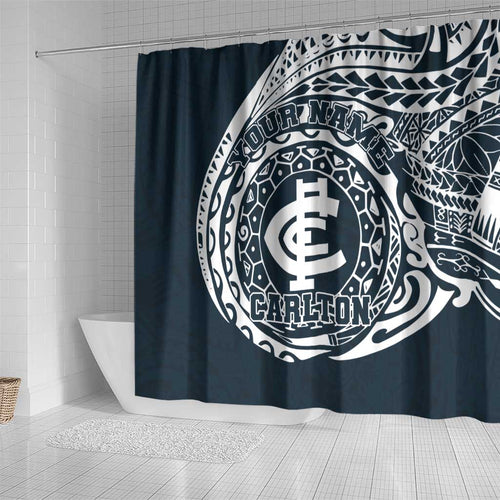 Personalized Carlton Blues Polynesian Shower Curtain Tribal Chest and Sleeve Tattoo Heritage Warrior