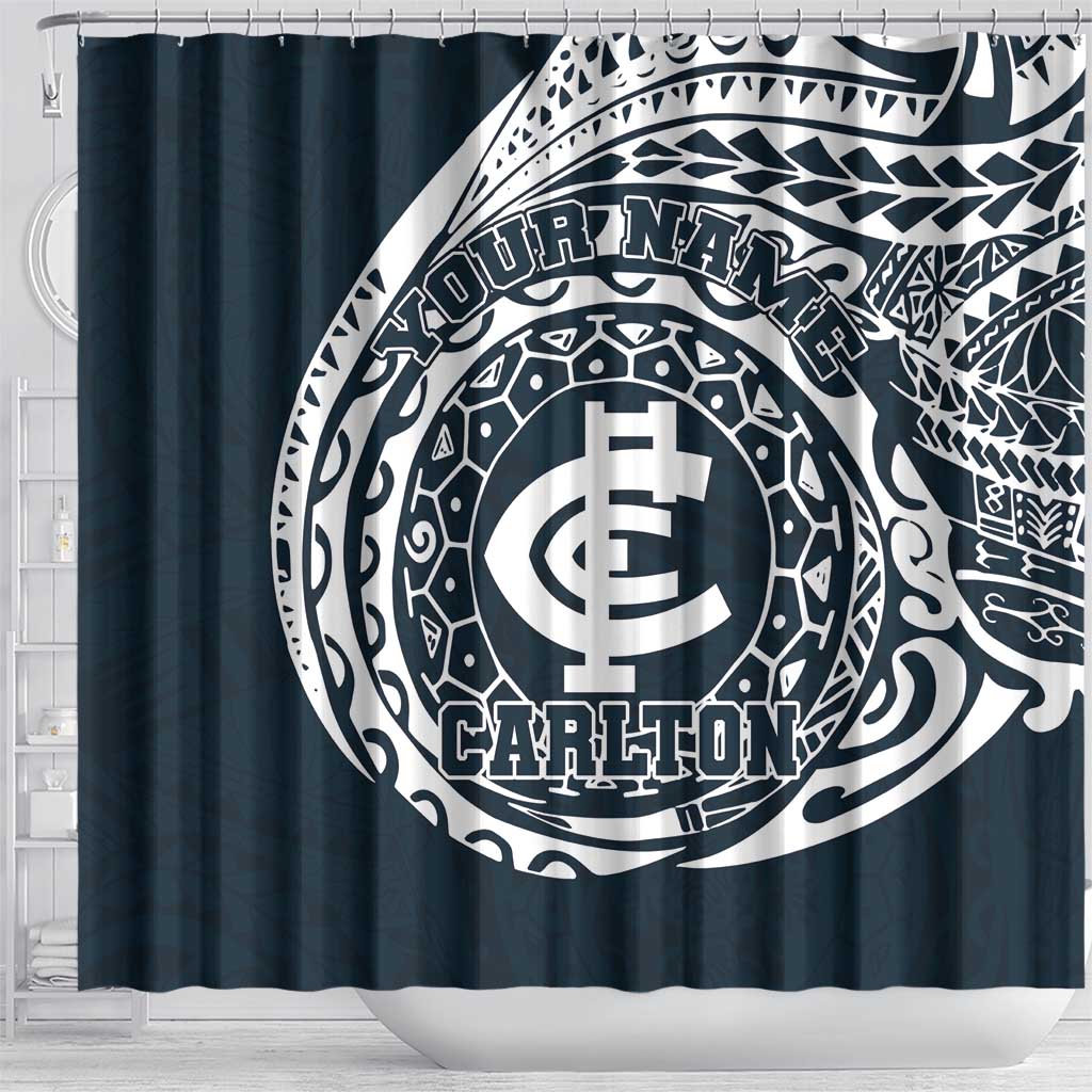 Personalized Carlton Blues Polynesian Shower Curtain Tribal Chest and Sleeve Tattoo Heritage Warrior