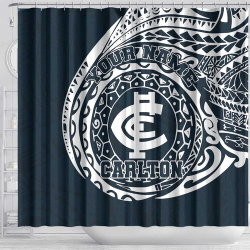 Personalized Carlton Blues Polynesian Shower Curtain Tribal Chest and Sleeve Tattoo Heritage Warrior