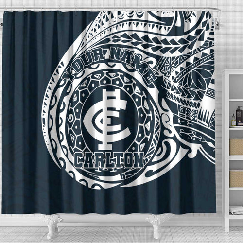Personalized Carlton Blues Polynesian Shower Curtain Tribal Chest and Sleeve Tattoo Heritage Warrior