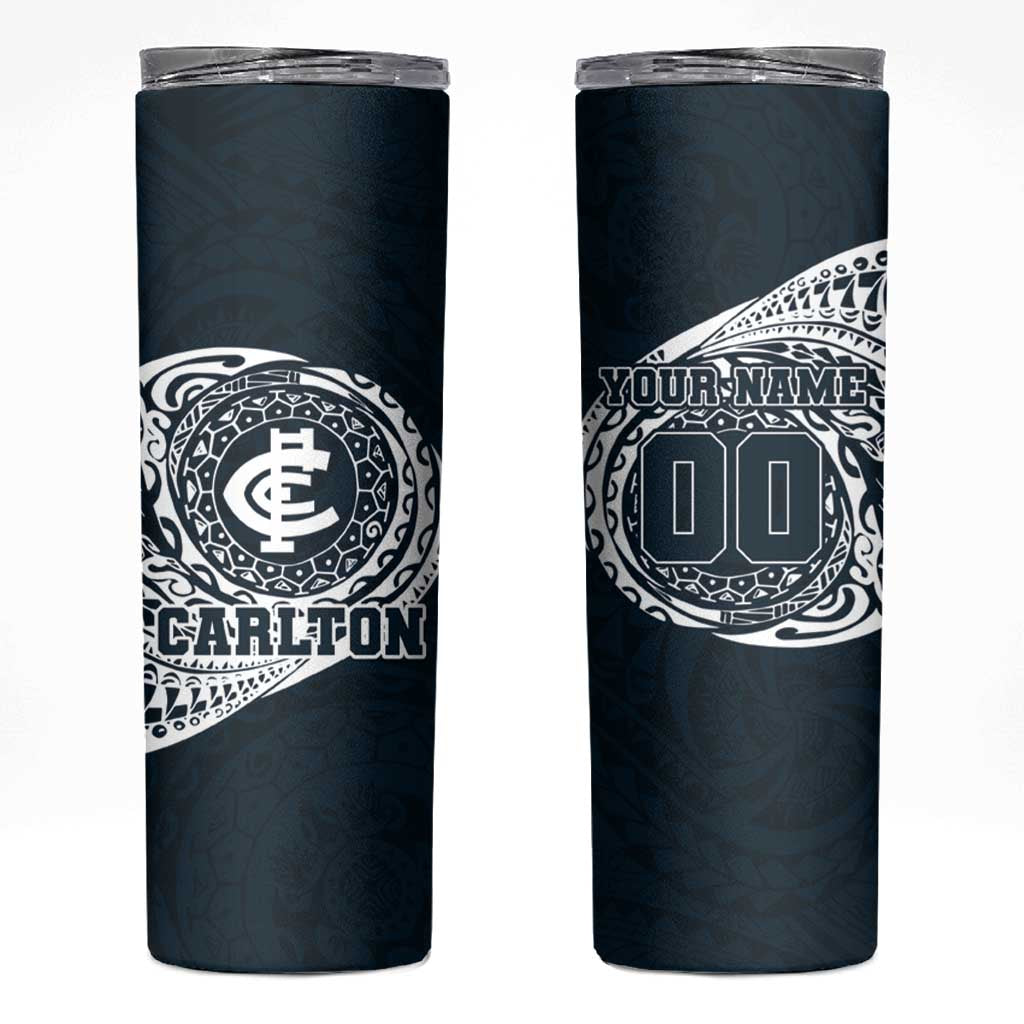 Personalized Carlton Blues Polynesian Skinny Tumbler Tribal Chest and Sleeve Tattoo Heritage Warrior