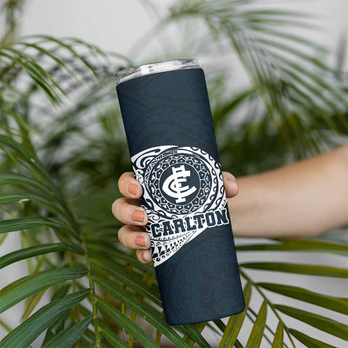 Personalized Carlton Blues Polynesian Skinny Tumbler Tribal Chest and Sleeve Tattoo Heritage Warrior
