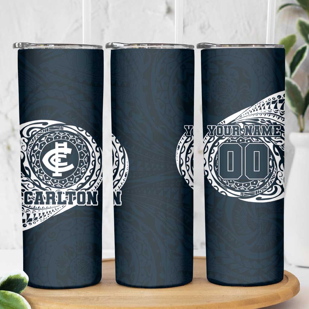 Personalized Carlton Blues Polynesian Skinny Tumbler Tribal Chest and Sleeve Tattoo Heritage Warrior