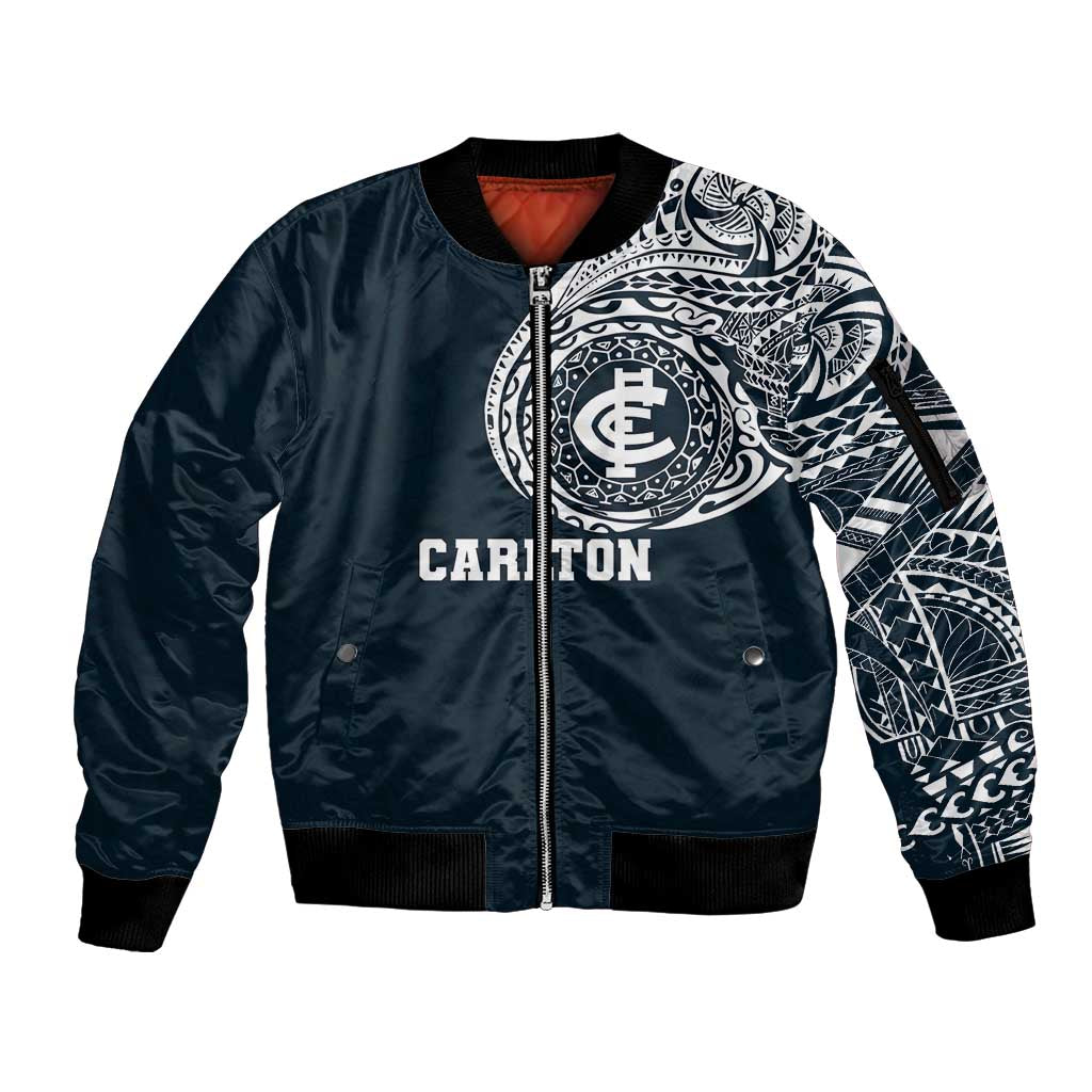 Personalized Carlton Blues Polynesian Sleeve Zip Bomber Jacket Tribal Chest and Sleeve Tattoo Heritage Warrior