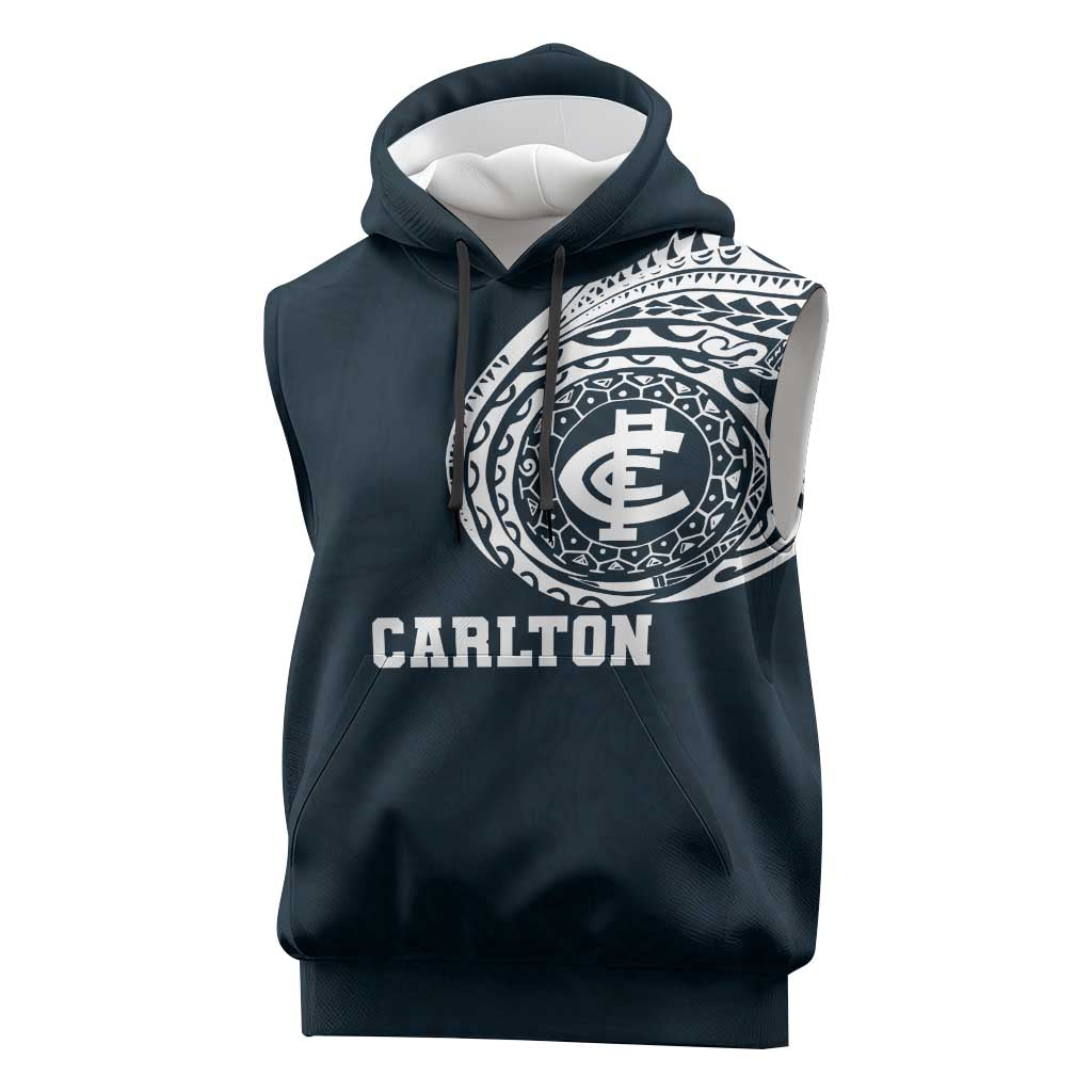 Personalized Carlton Blues Polynesian Sleeveless Hoodie Tribal Chest and Sleeve Tattoo Heritage Warrior