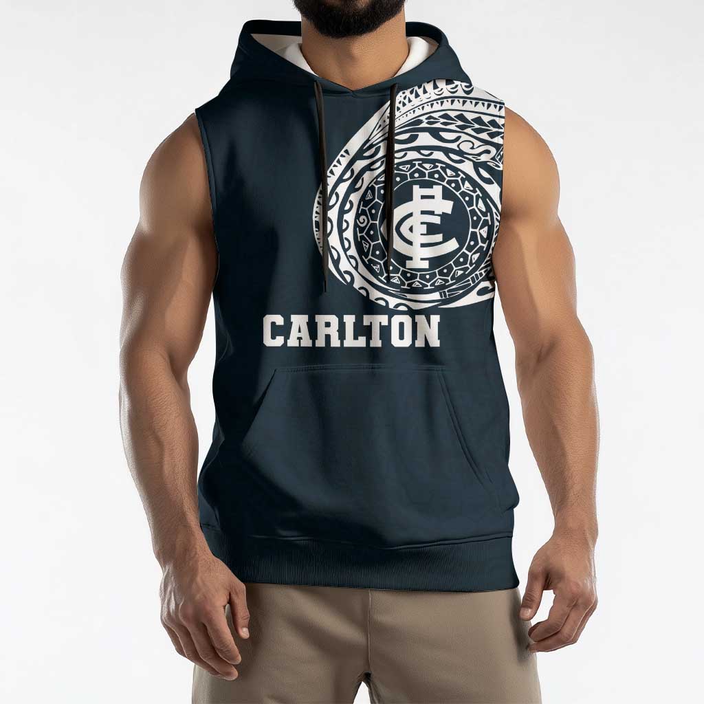 Personalized Carlton Blues Polynesian Sleeveless Hoodie Tribal Chest and Sleeve Tattoo Heritage Warrior