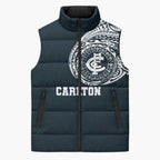 Personalized Carlton Blues Polynesian Sleeveless Puffer Jacket Tribal Chest and Sleeve Tattoo Heritage Warrior