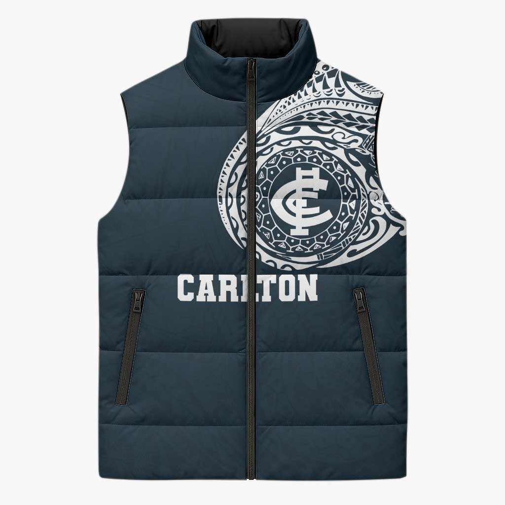 Personalized Carlton Blues Polynesian Sleeveless Puffer Jacket Tribal Chest and Sleeve Tattoo Heritage Warrior