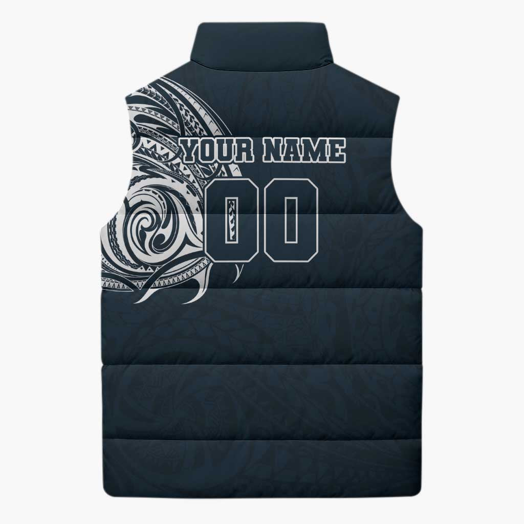 Personalized Carlton Blues Polynesian Sleeveless Puffer Jacket Tribal Chest and Sleeve Tattoo Heritage Warrior