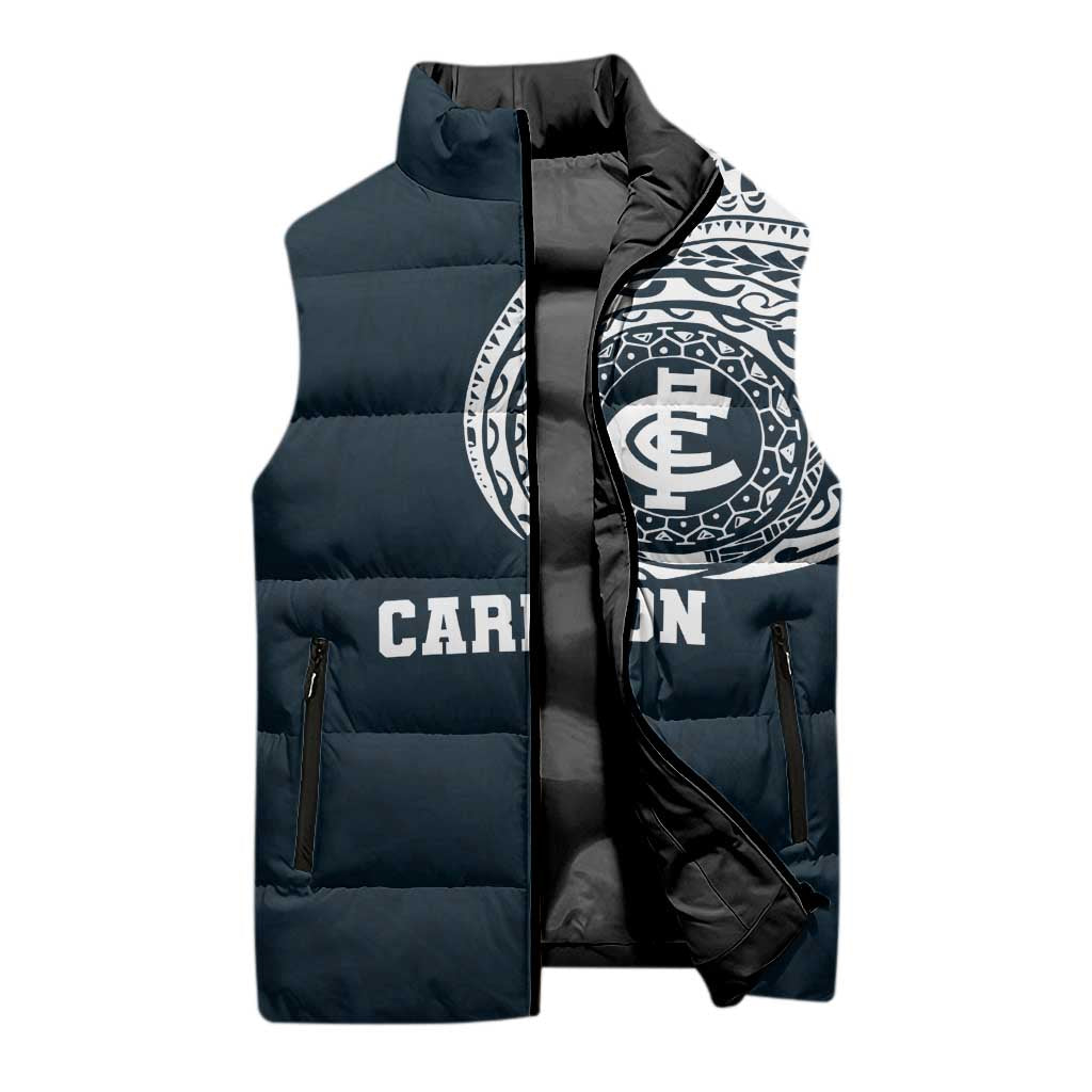 Personalized Carlton Blues Polynesian Sleeveless Puffer Jacket Tribal Chest and Sleeve Tattoo Heritage Warrior
