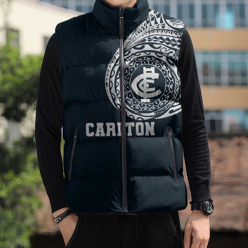 Personalized Carlton Blues Polynesian Sleeveless Puffer Jacket Tribal Chest and Sleeve Tattoo Heritage Warrior