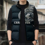 Personalized Carlton Blues Polynesian Sleeveless Puffer Jacket Tribal Chest and Sleeve Tattoo Heritage Warrior
