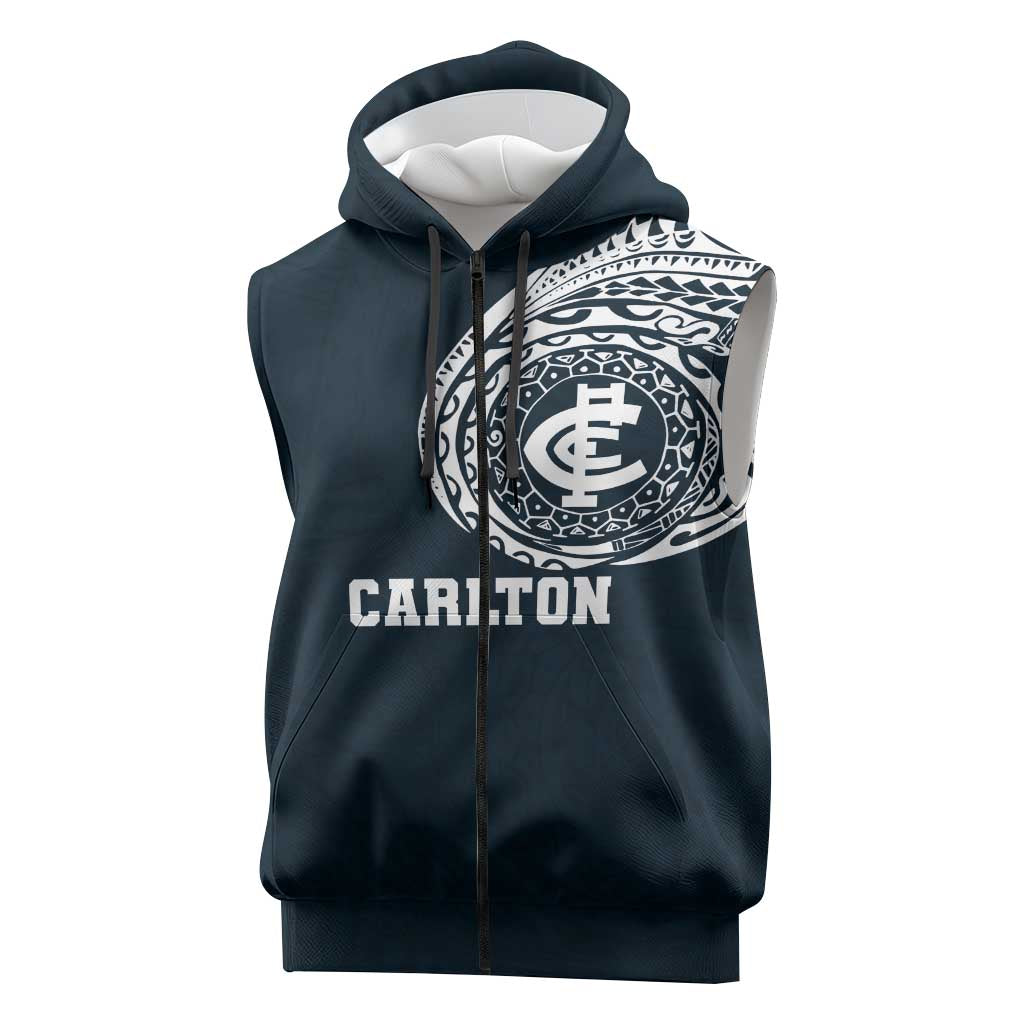 Personalized Carlton Blues Polynesian Sleeveless Zip Hoodie Tribal Chest and Sleeve Tattoo Heritage Warrior