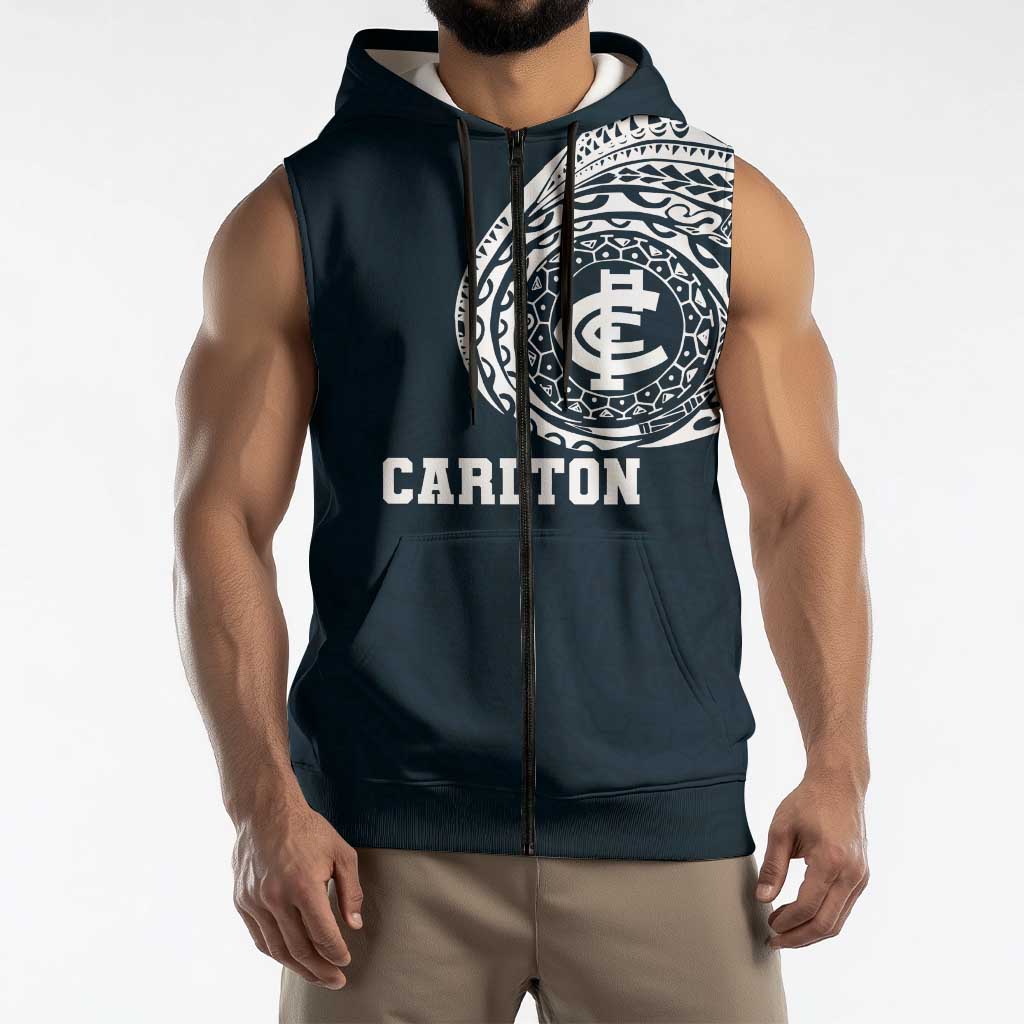Personalized Carlton Blues Polynesian Sleeveless Zip Hoodie Tribal Chest and Sleeve Tattoo Heritage Warrior