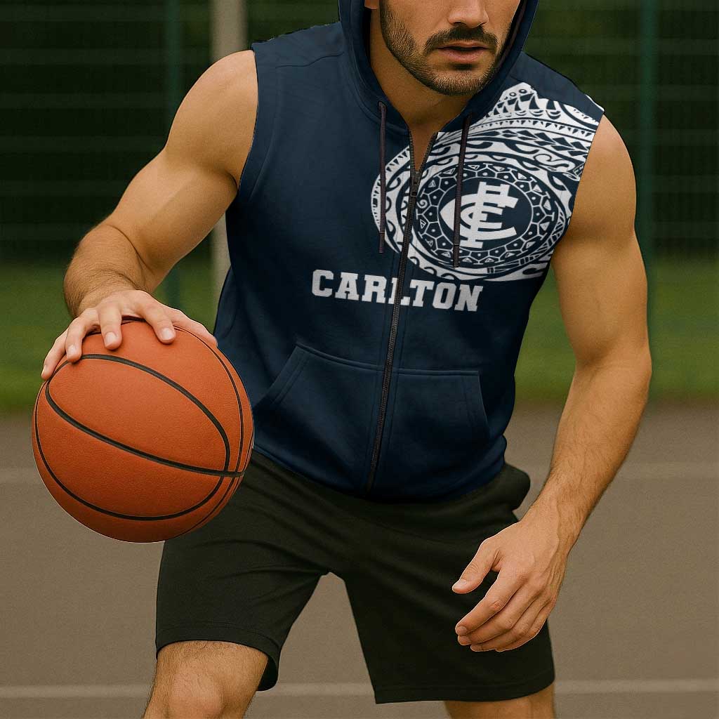Personalized Carlton Blues Polynesian Sleeveless Zip Hoodie Tribal Chest and Sleeve Tattoo Heritage Warrior