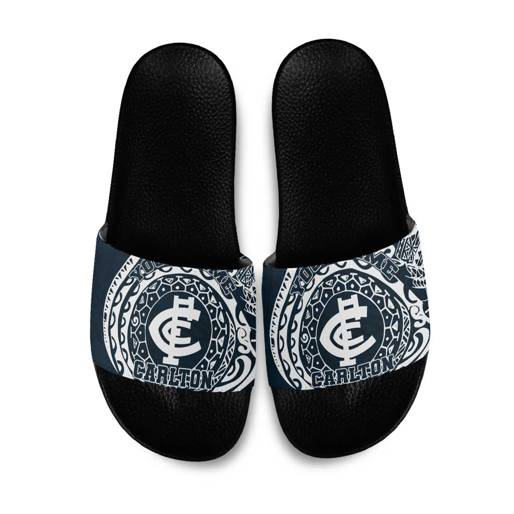 Personalized Carlton Blues Polynesian Slide Sandals Tribal Chest and Sleeve Tattoo Heritage Warrior